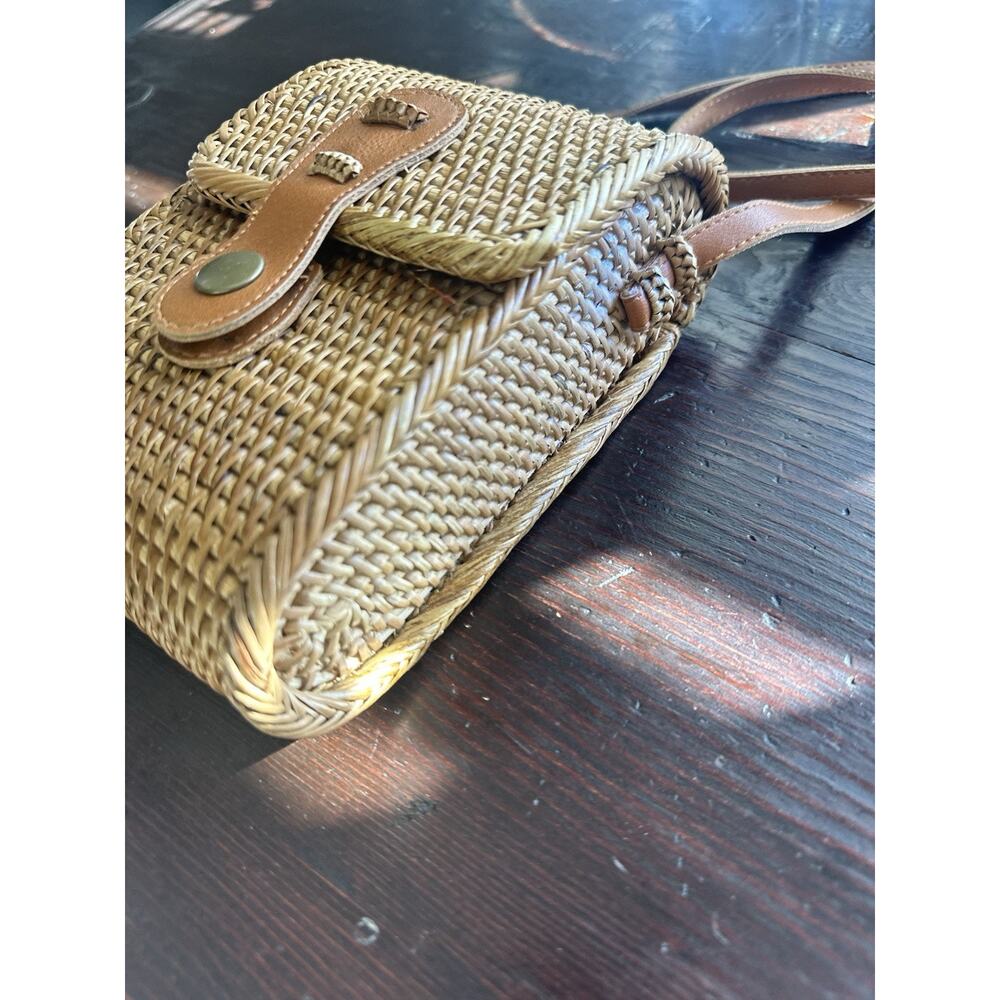 Rattan Crossbody Handbag S Brown Snap Flap Rectangle Lined Faux Leather Strap - Picture 4 of 16